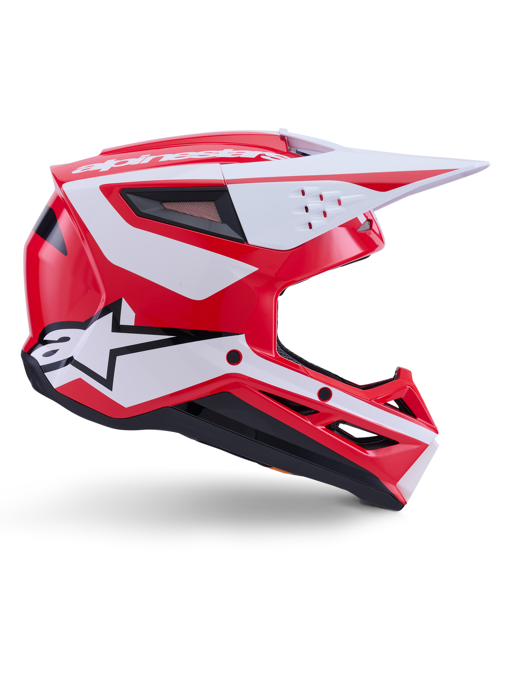 Alpinestars S-M3 Heat hjelm, blank rød, hvid og sort motocrosshjelm med ECE 22.06-certificeret off-road beskyttelse.