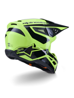 Alpinestars S-M3 Heat hjelm, motocrosshjelm, gul fluo og sort blank, trekvart visning bagfra med en aerodynamisk skal, integrerede ventilationsåbninger og markant sort Alpinestars-branding, højglansfinish til off-road ydeevne.