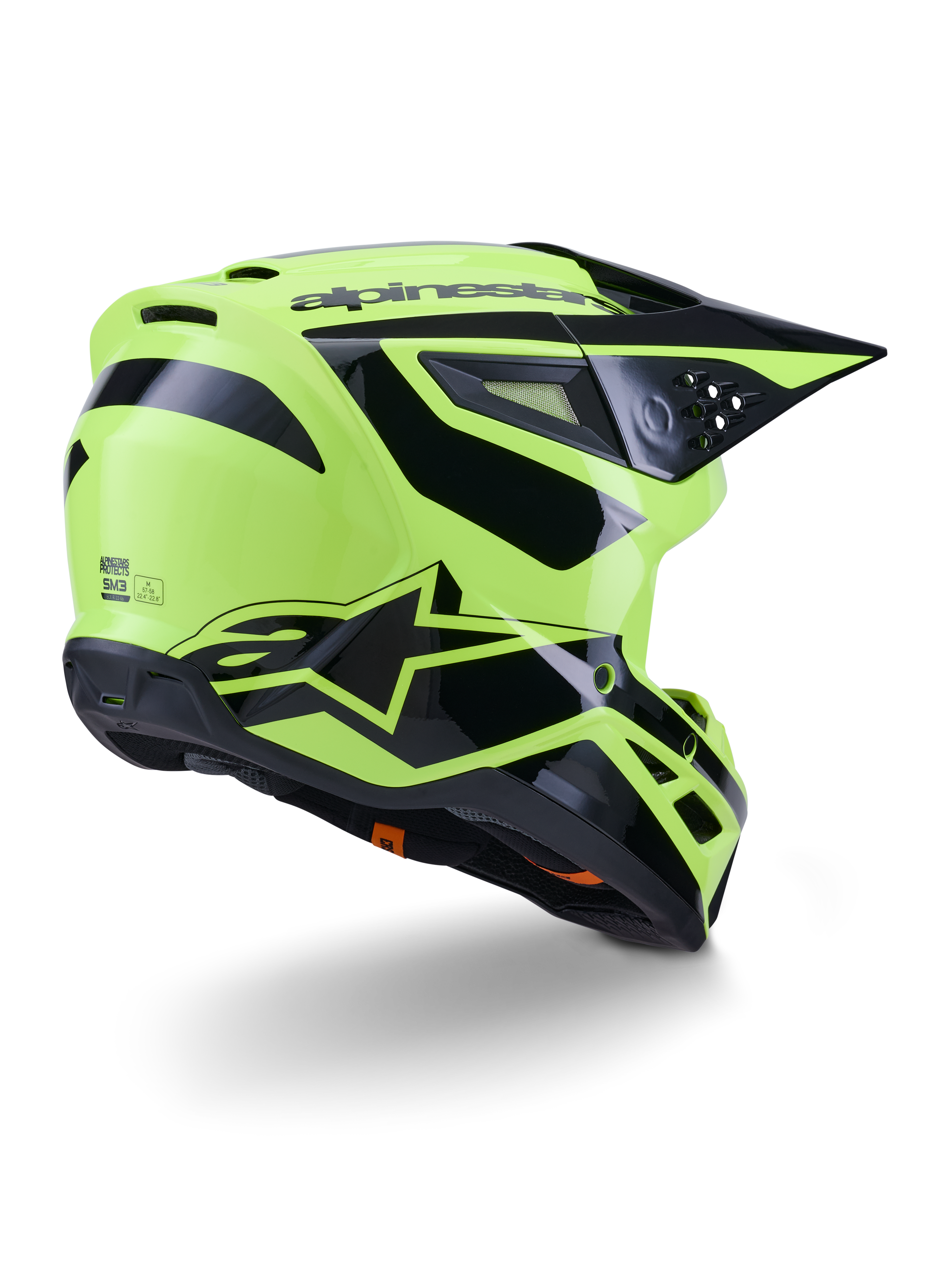 Alpinestars S-M3 Heat hjelm, motocrosshjelm, gul fluo og sort blank, trekvart visning bagfra med en aerodynamisk skal, integrerede ventilationsåbninger og markant sort Alpinestars-branding, højglansfinish til off-road ydeevne.