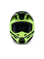 Alpinestars S-M3 Heat hjelm, set forfra, fluoriserende gul og blank sort, professionel motocross- og off-road-hjelm, med ventileret hagebeskytter og strømlinet aerodynamisk design med sorte detaljer