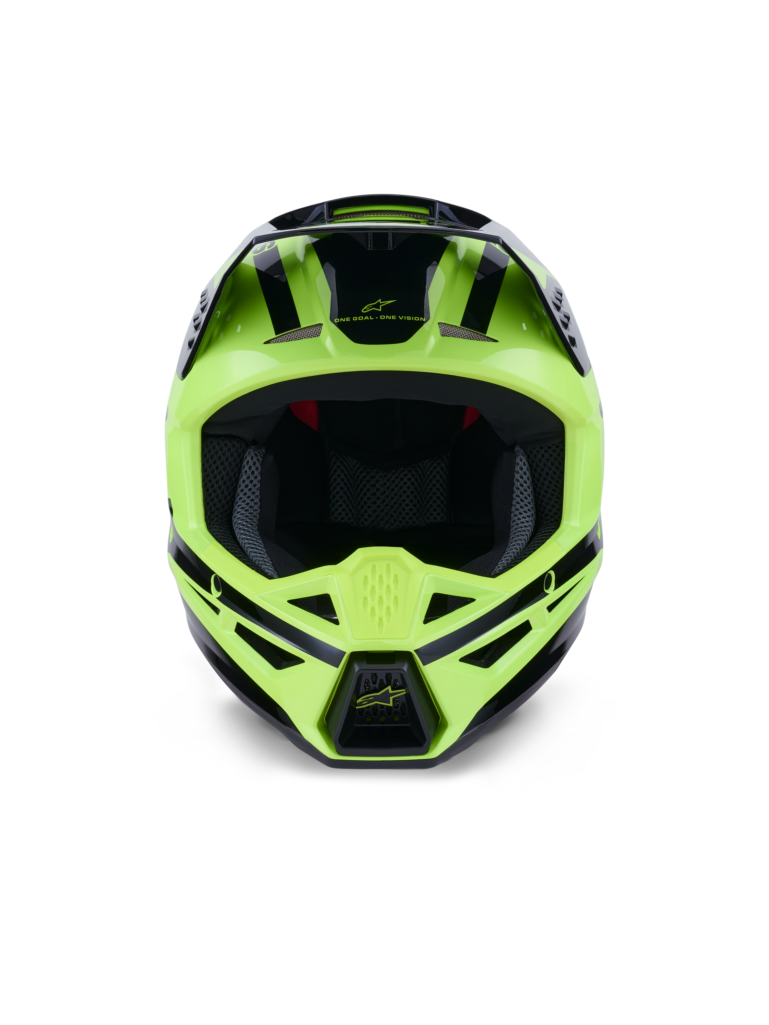 Alpinestars S-M3 Heat hjelm, set forfra, fluoriserende gul og blank sort, professionel motocross- og off-road-hjelm, med ventileret hagebeskytter og strømlinet aerodynamisk design med sorte detaljer