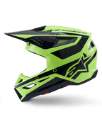 Alpinestars S-M3 Heat hjelm, motocrosshjelm, gul fluo og blank sort, set fra siden, med en kantet termo-injiceret skal, integreret visir, ventilationsåbninger og markant Alpinestars-branding, designet til off-road kørsel