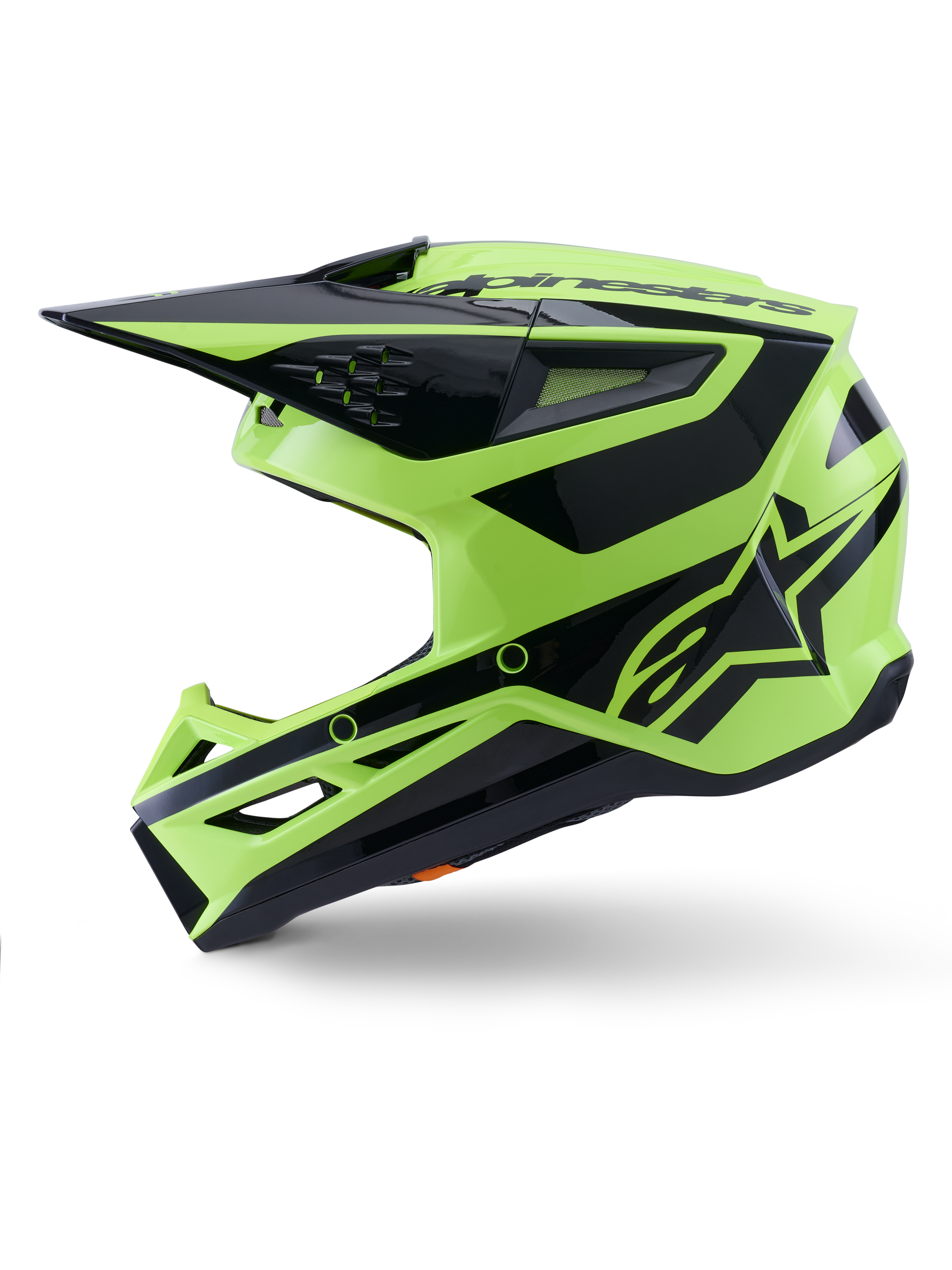 Alpinestars S-M3 Heat hjelm, motocrosshjelm, gul fluo og blank sort, set fra siden, med en kantet termo-injiceret skal, integreret visir, ventilationsåbninger og markant Alpinestars-branding, designet til off-road kørsel