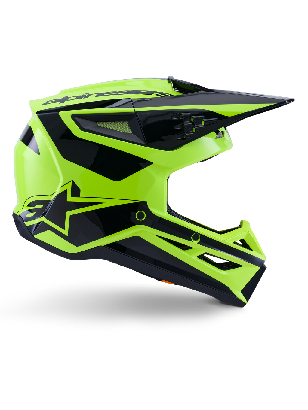 Alpinestars S-M3 Heat hjelm, motocross off-road hjelm, neon gul og blank sort, ECE 22.06-certificeret, sideprofil med kantet design, spids skærm, flere ventilationsåbninger og markante sorte geometriske grafikker inklusive A-star logoet.
