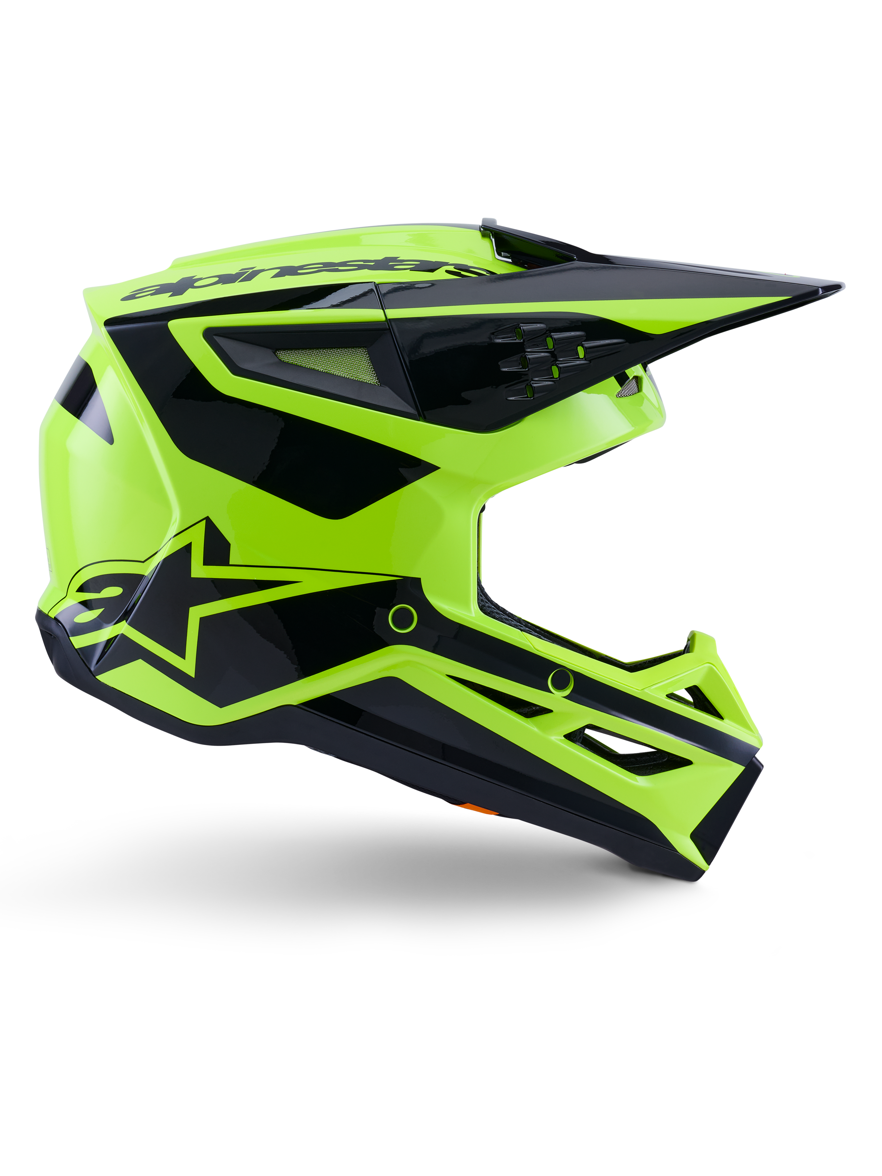 Alpinestars S-M3 Heat hjelm, motocross off-road hjelm, neon gul og blank sort, ECE 22.06-certificeret, sideprofil med kantet design, spids skærm, flere ventilationsåbninger og markante sorte geometriske grafikker inklusive A-star logoet.
