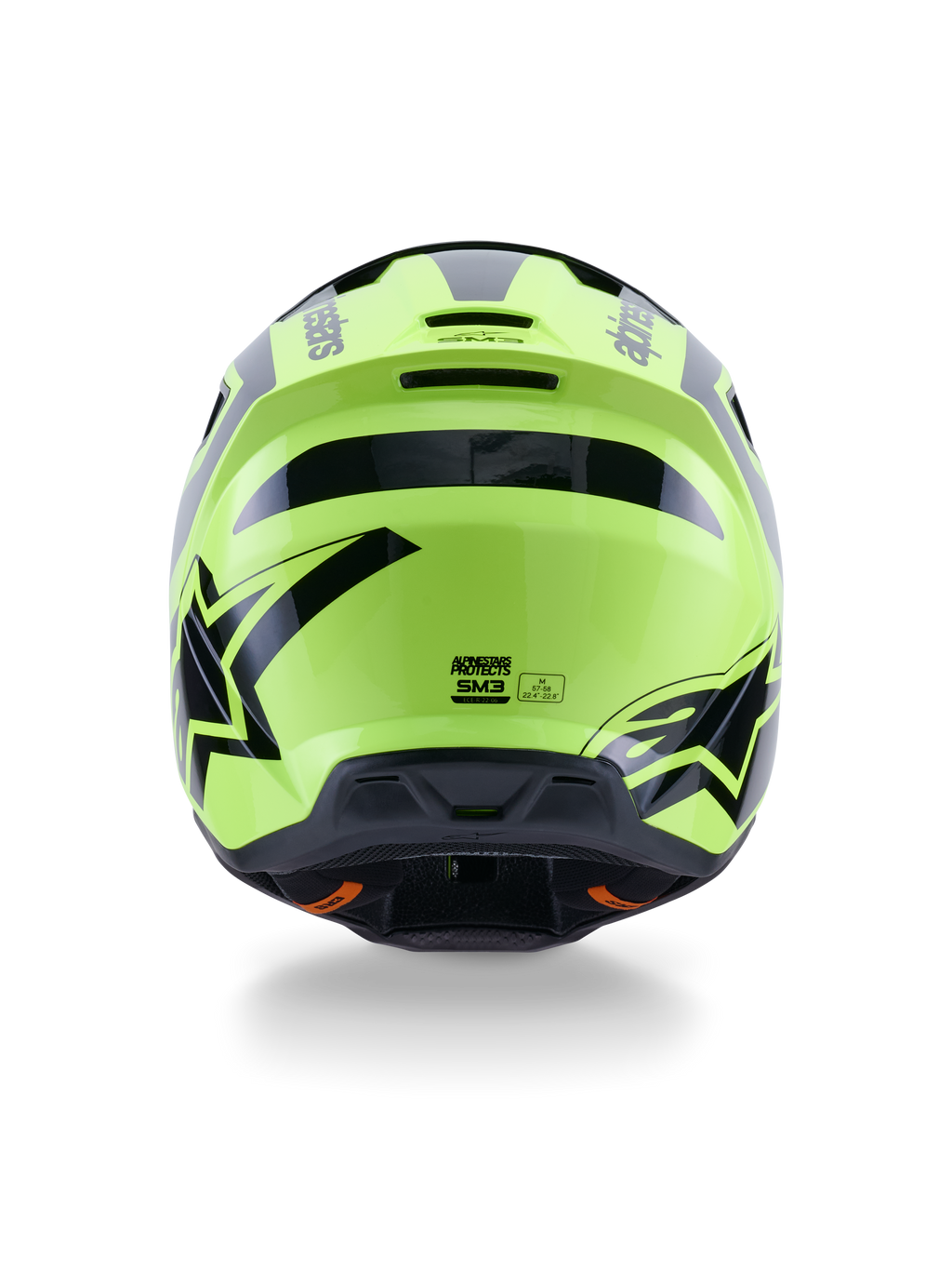 Alpinestars S-M3 Heat hjelm, motocrosshjelm, gul fluo og blank sort, set bagfra med markant sort grafik og Alpinestars-logoer, aerodynamisk skal med integrerede ventilationsåbninger, off-road udstyr med høj synlighed