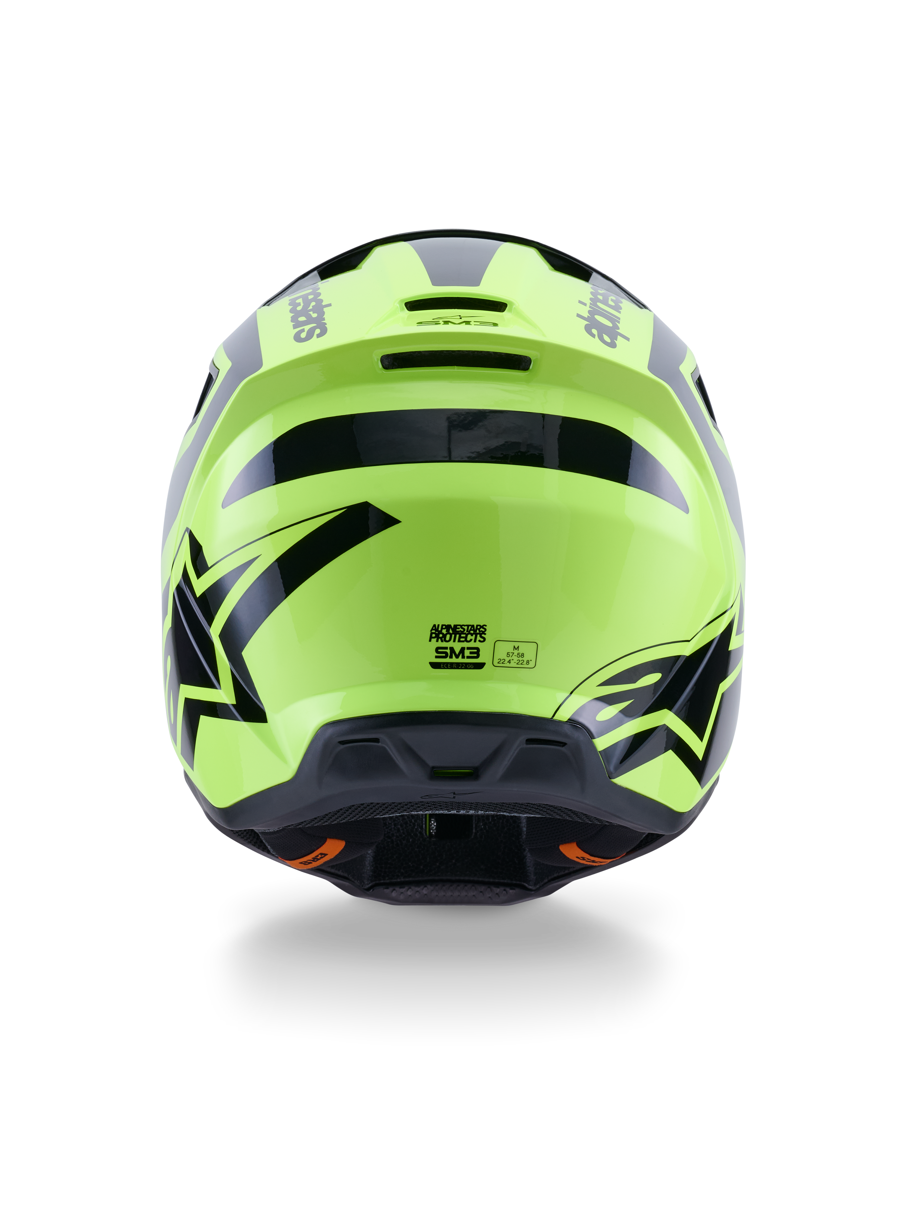 Alpinestars S-M3 Heat hjelm, motocrosshjelm, gul fluo og blank sort, set bagfra med markant sort grafik og Alpinestars-logoer, aerodynamisk skal med integrerede ventilationsåbninger, off-road udstyr med høj synlighed