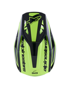 Alpinestars S-M3 Heat hjelm, motocrosshjelm, gul fluo og blank sort, set fra oven med sort visir med logo og Alpinestars-branding på siderne, strømlinet termo-injiceret skal til off-road racing