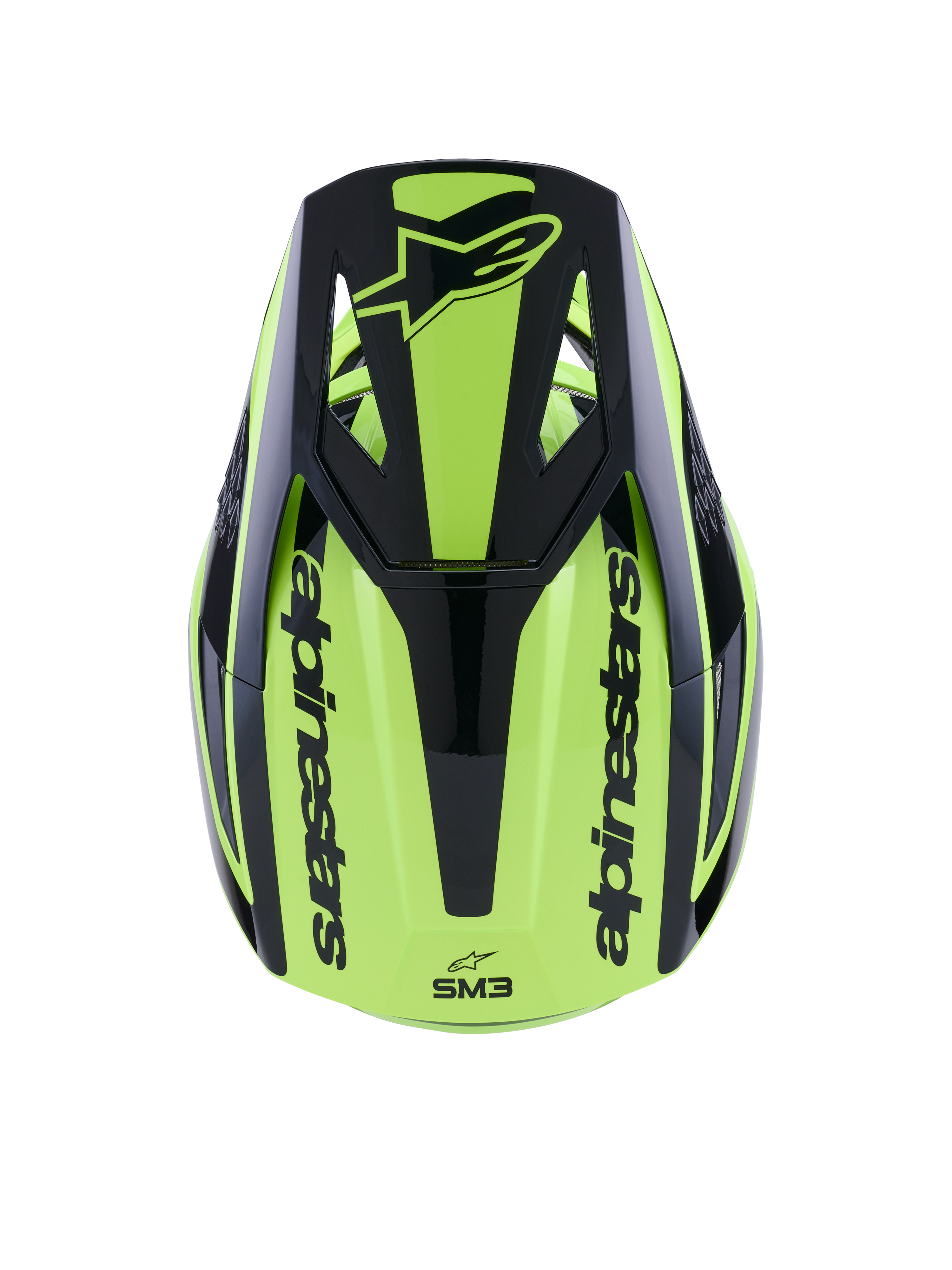 Alpinestars S-M3 Heat hjelm, motocrosshjelm, gul fluo og blank sort, set fra oven med sort visir med logo og Alpinestars-branding på siderne, strømlinet termo-injiceret skal til off-road racing