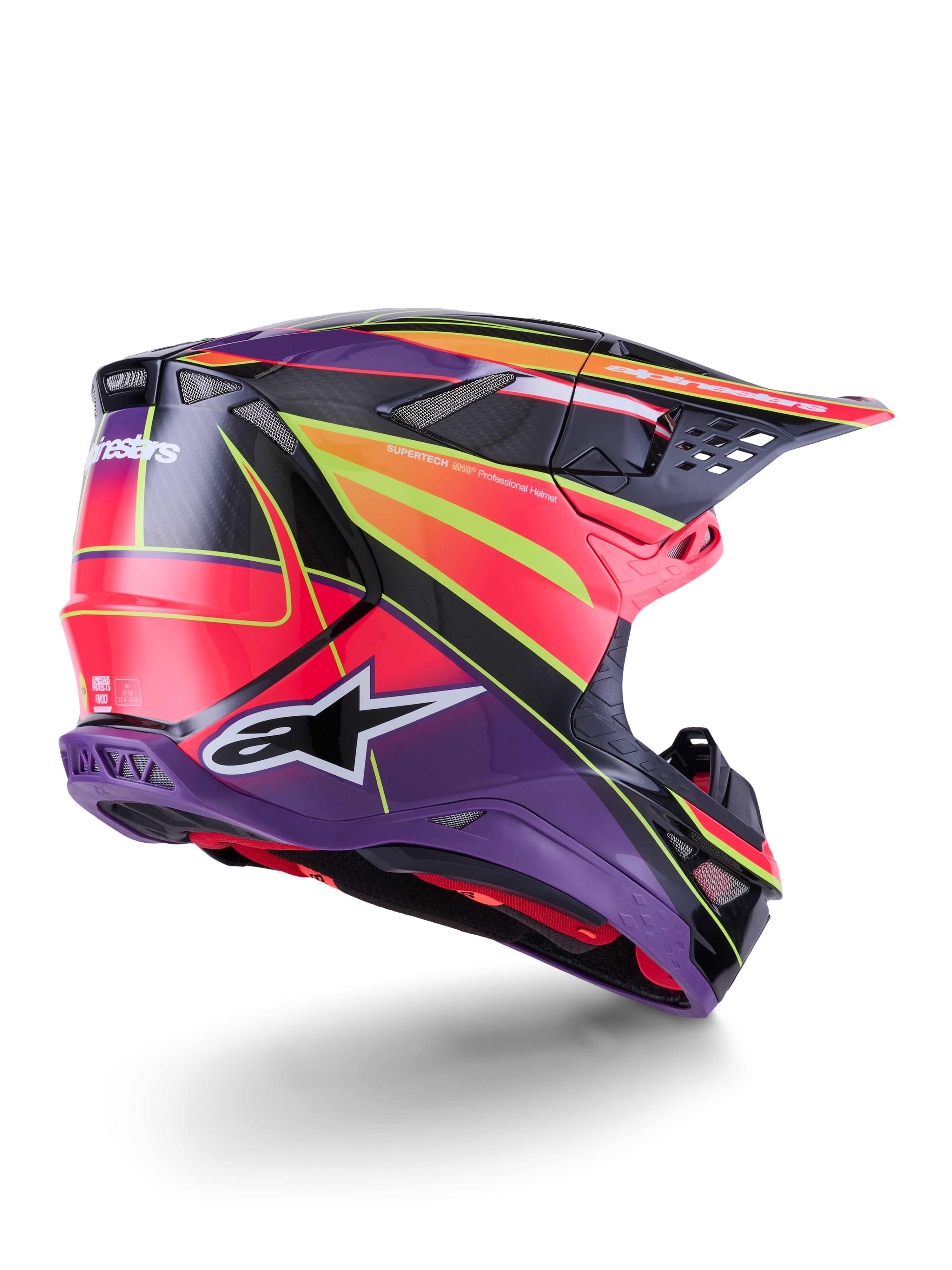 Alpinestars Supertech M10 Era hjelm, motocross-hjelm, pink, violet og gul fluo glossy, set bagfra i trekvart profil, der viser den aerodynamiske kulfiberskal, integrerede ventilationsåbninger og markant grafisk branding, højtydende off-road racingudstyr