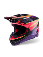 Alpinestars Supertech M10 Era-hjelm, motocross-hjelm, pink, violet og neongul blank, med en multi-komposit carbonskal, aerodynamisk design med 28 ventilationsåbninger, blank finish med levende grafik og Alpinestars-branding, professionelt off-road racerudstyr