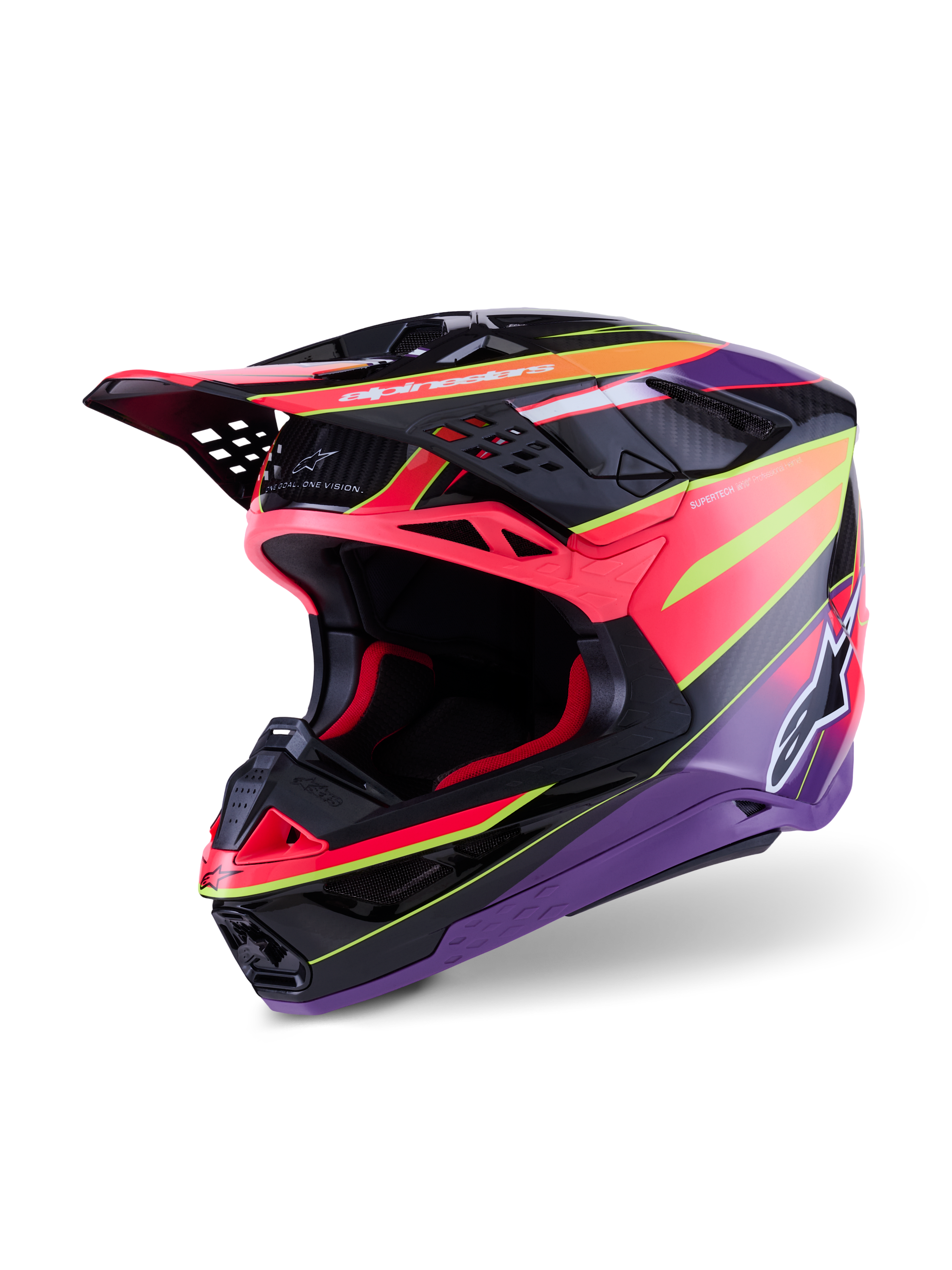Alpinestars Supertech M10 Era-hjelm, motocross-hjelm, pink, violet og neongul blank, med en multi-komposit carbonskal, aerodynamisk design med 28 ventilationsåbninger, blank finish med levende grafik og Alpinestars-branding, professionelt off-road racerudstyr