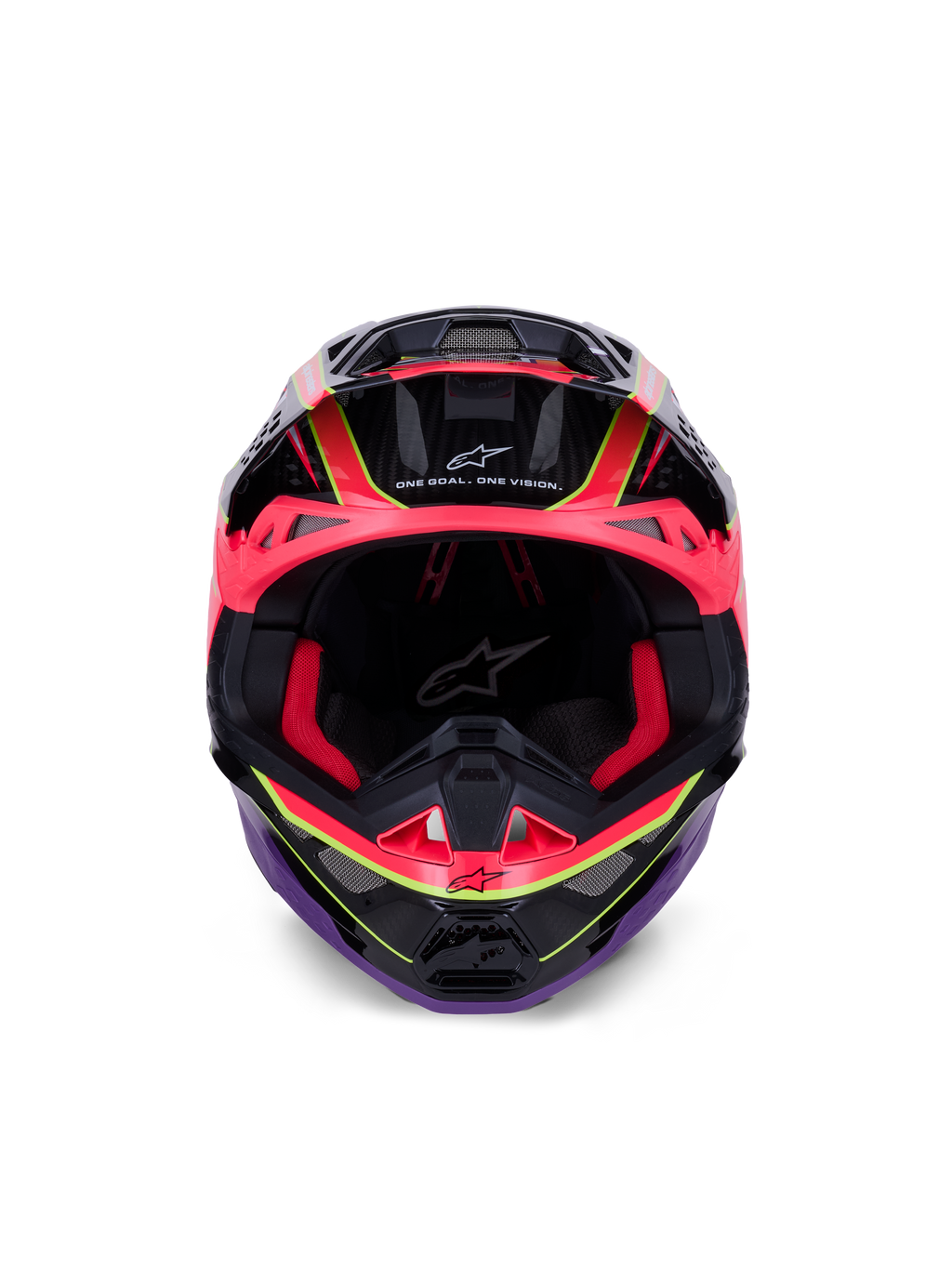 Alpinestars Supertech M10 Era hjelm, motocross-hjelm, pink, lilla og neon-gul blank, set forfra med rød indvendig polstring og kulfiber-detaljer, med 'One Goal. One Vision.' tekst, professionel beskyttelse til off-road racing