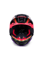 Alpinestars Supertech M10 Era hjelm, motocross-hjelm, pink, lilla og neon-gul blank, set forfra med rød indvendig polstring og kulfiber-detaljer, med 'One Goal. One Vision.' tekst, professionel beskyttelse til off-road racing