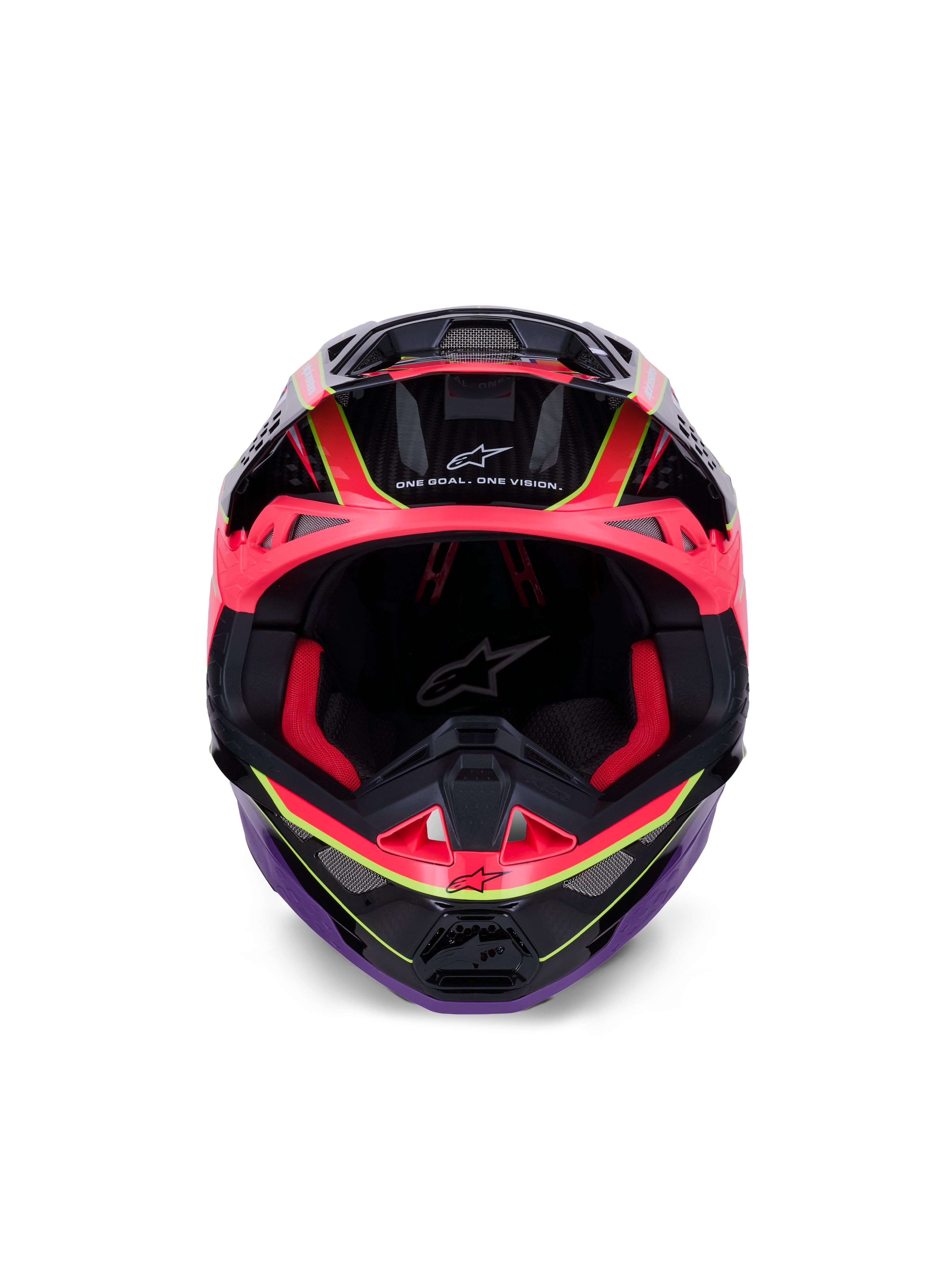 Alpinestars Supertech M10 Era hjelm, motocross-hjelm, pink, lilla og neon-gul blank, set forfra med rød indvendig polstring og kulfiber-detaljer, med 'One Goal. One Vision.' tekst, professionel beskyttelse til off-road racing