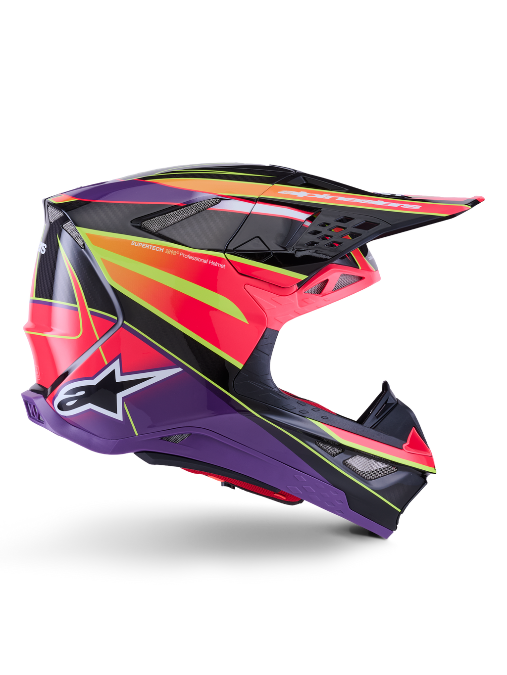 Alpinestars Supertech M10 Era hjelm, motocross-hjelm, pink violet og gul fluo blank, sideprofil, med en multi-komposit carbonskal med levende geometriske mønstre, integrerede ventilationsporte og hvidt Alpinestars-logo, designet til elite off-road præstation