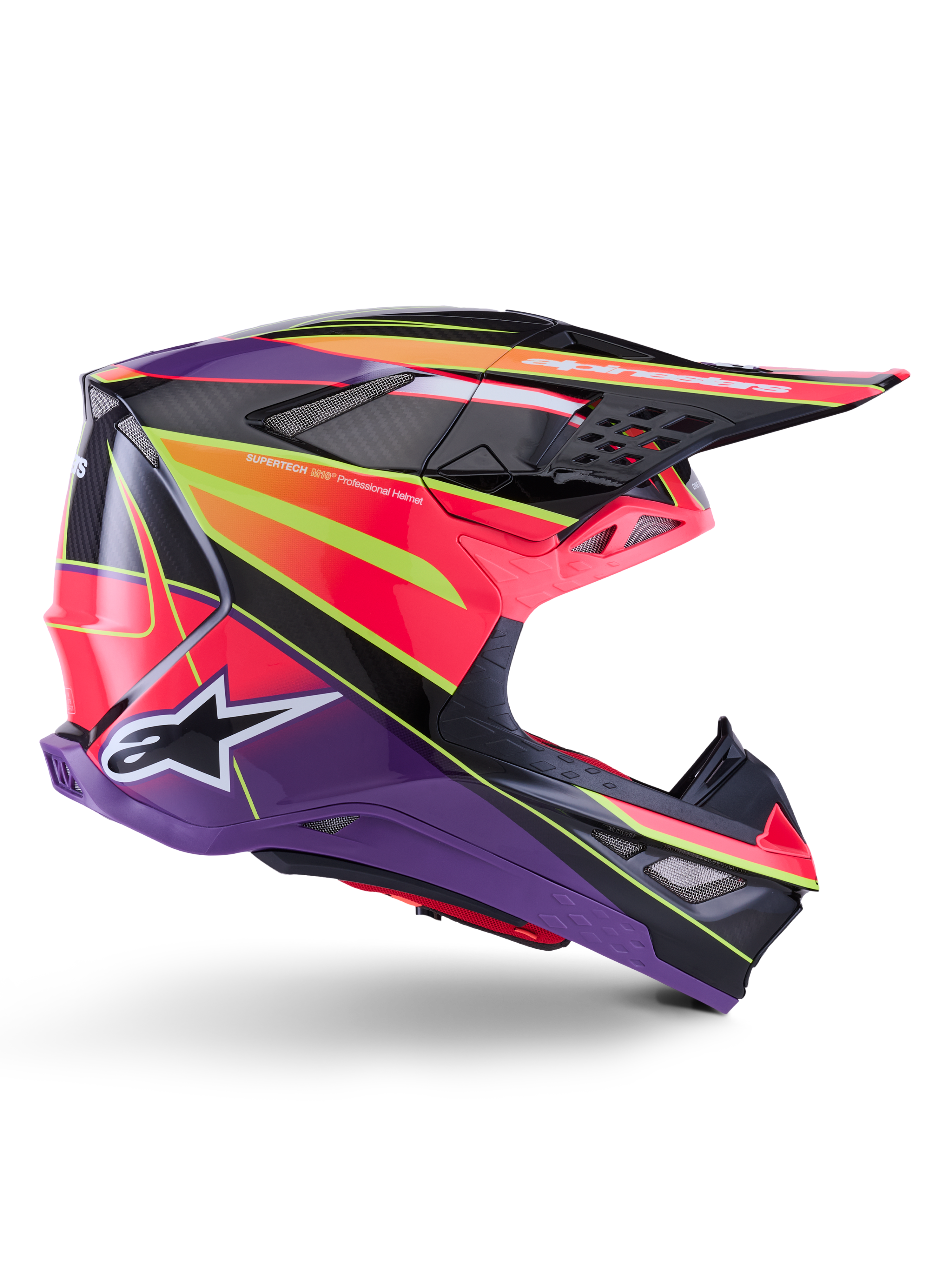 Alpinestars Supertech M10 Era hjelm, motocross-hjelm, pink violet og gul fluo blank, sideprofil, med en multi-komposit carbonskal med levende geometriske mønstre, integrerede ventilationsporte og hvidt Alpinestars-logo, designet til elite off-road præstation