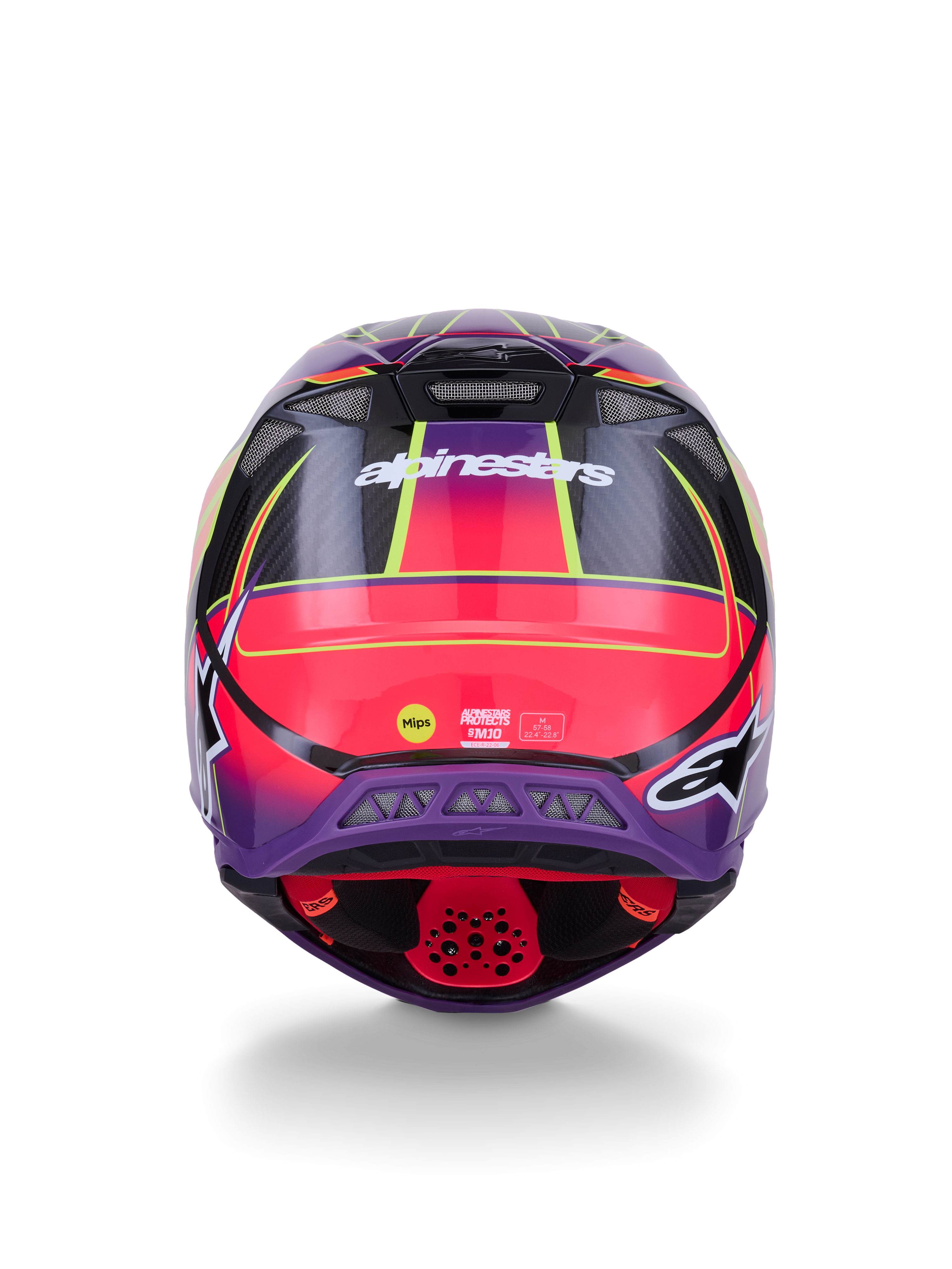 Alpinestars Supertech M10 Era-hjelm ECE 22.06, set bagfra, pink, lilla og gul fluo blank, motocross-hjelm med kulfiberkonstruktion og MIPS-beskyttelsesteknologi