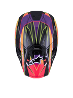Alpinestars Supertech M10 Era hjelm ECE 22.06, motocross-hjelm, lyserød, lilla og gul fluo blank, set fra oven, der viser højdensitets carbonskal med blank finish, farvestrålende geometriske mønstre, integrerede ventilationsåbninger og det velkendte Alpinestars-logo