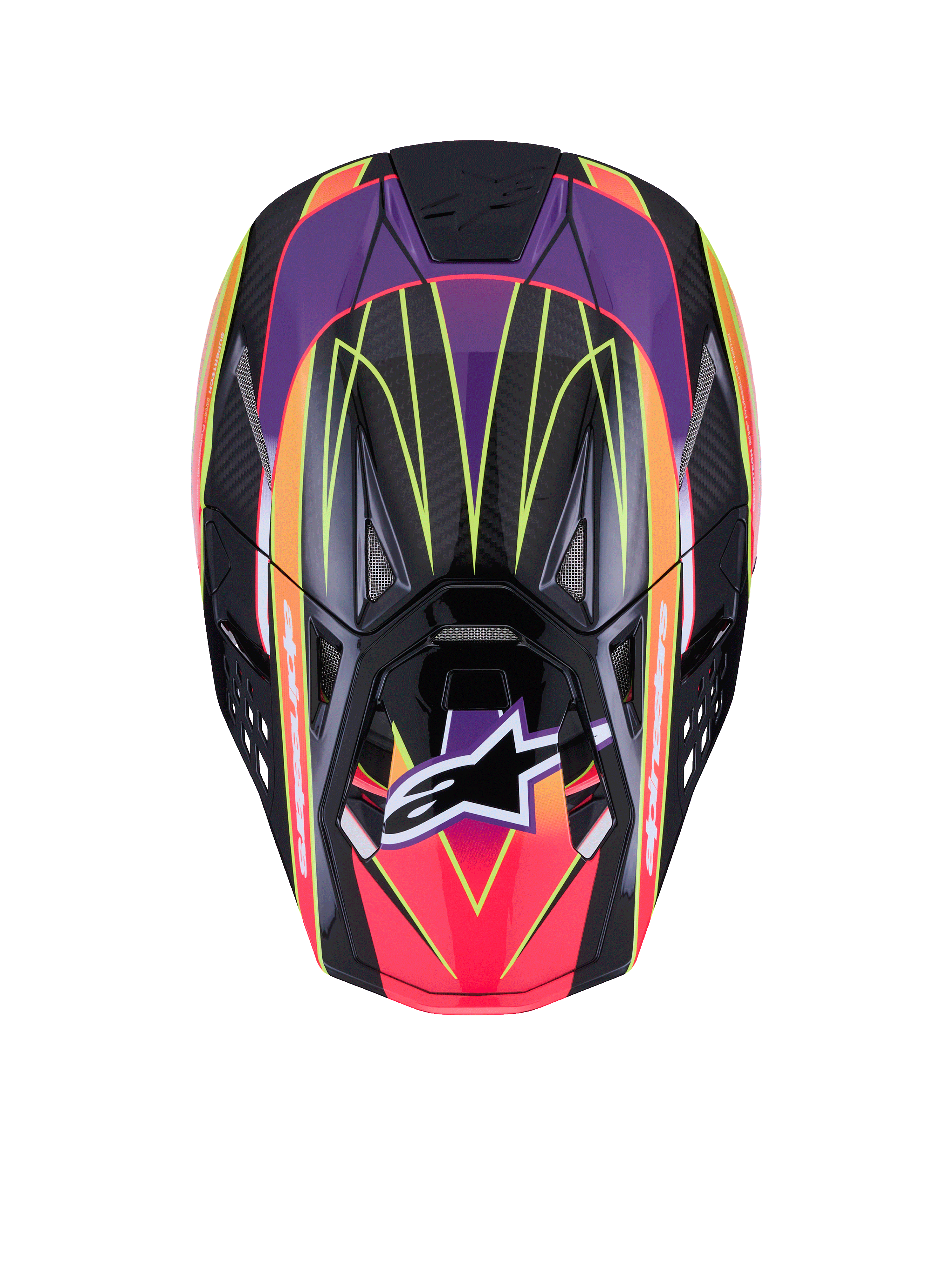 Alpinestars Supertech M10 Era hjelm ECE 22.06, motocross-hjelm, lyserød, lilla og gul fluo blank, set fra oven, der viser højdensitets carbonskal med blank finish, farvestrålende geometriske mønstre, integrerede ventilationsåbninger og det velkendte Alpinestars-logo