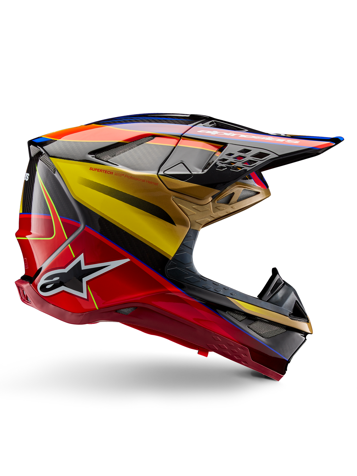 Alpinestars Supertech M10 Era hjelm, motocross-racerhjelm, guldgul og Rio-rød i blank finish med blå og sorte detaljer, aerodynamisk design med integreret visir, flere mesh-dækkede ventilationsåbninger og kulfiberdetaljer, ECE 22.06-certificeret