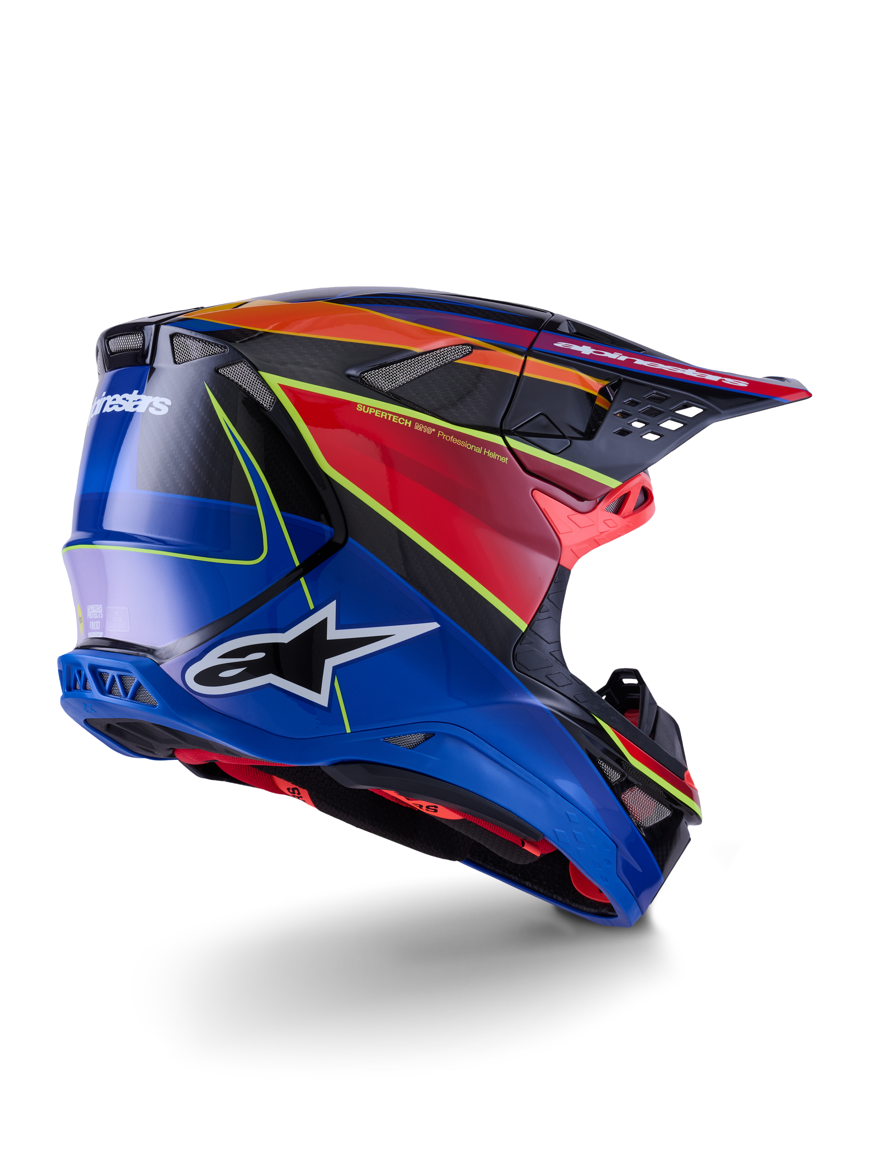 Alpinestars Supertech M10 Era hjelm, motocross-hjelm, blå, rød og neongul blank, profilvisning bagfra fra siden med kulfiberdetaljer, markant Alpinestars-branding, integrerede ventilationsporte og højglansfinish til off-road kørsel
