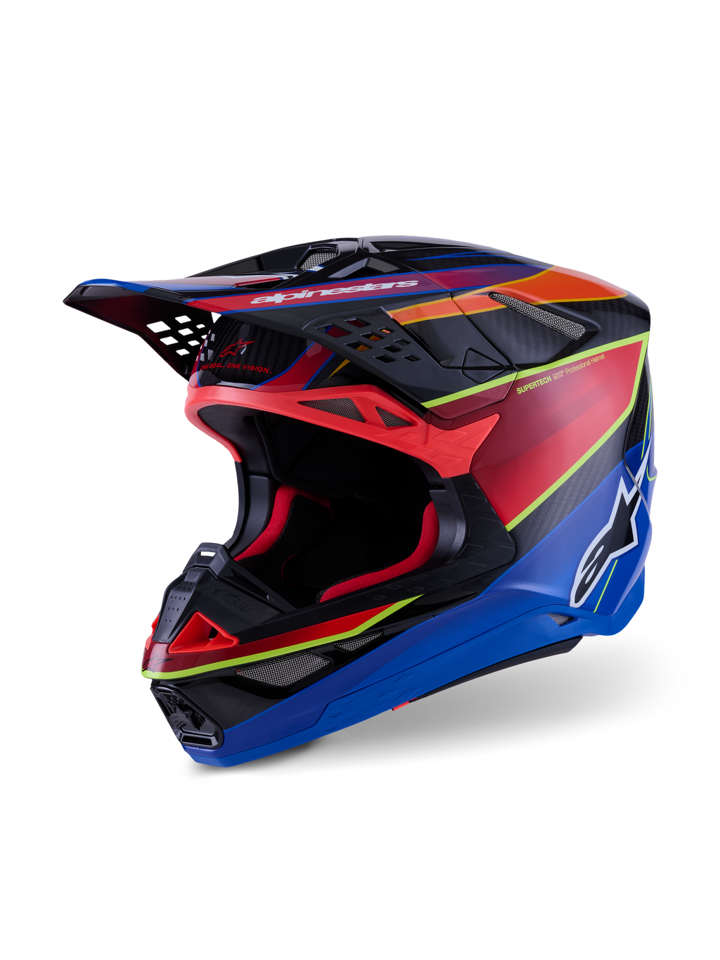 Alpinestars Supertech M10 Era-hjelm, motocrosshjelm, blå, rød og gul fluo blank, professionelt multi-komposit carbonskal-design med avancerede ventilationsporte og aerodynamisk visir til off-road racing.
