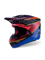 Alpinestars Supertech M10 Era-hjelm, motocrosshjelm, blå, rød og gul fluo blank, professionelt multi-komposit carbonskal-design med avancerede ventilationsporte og aerodynamisk visir til off-road racing.