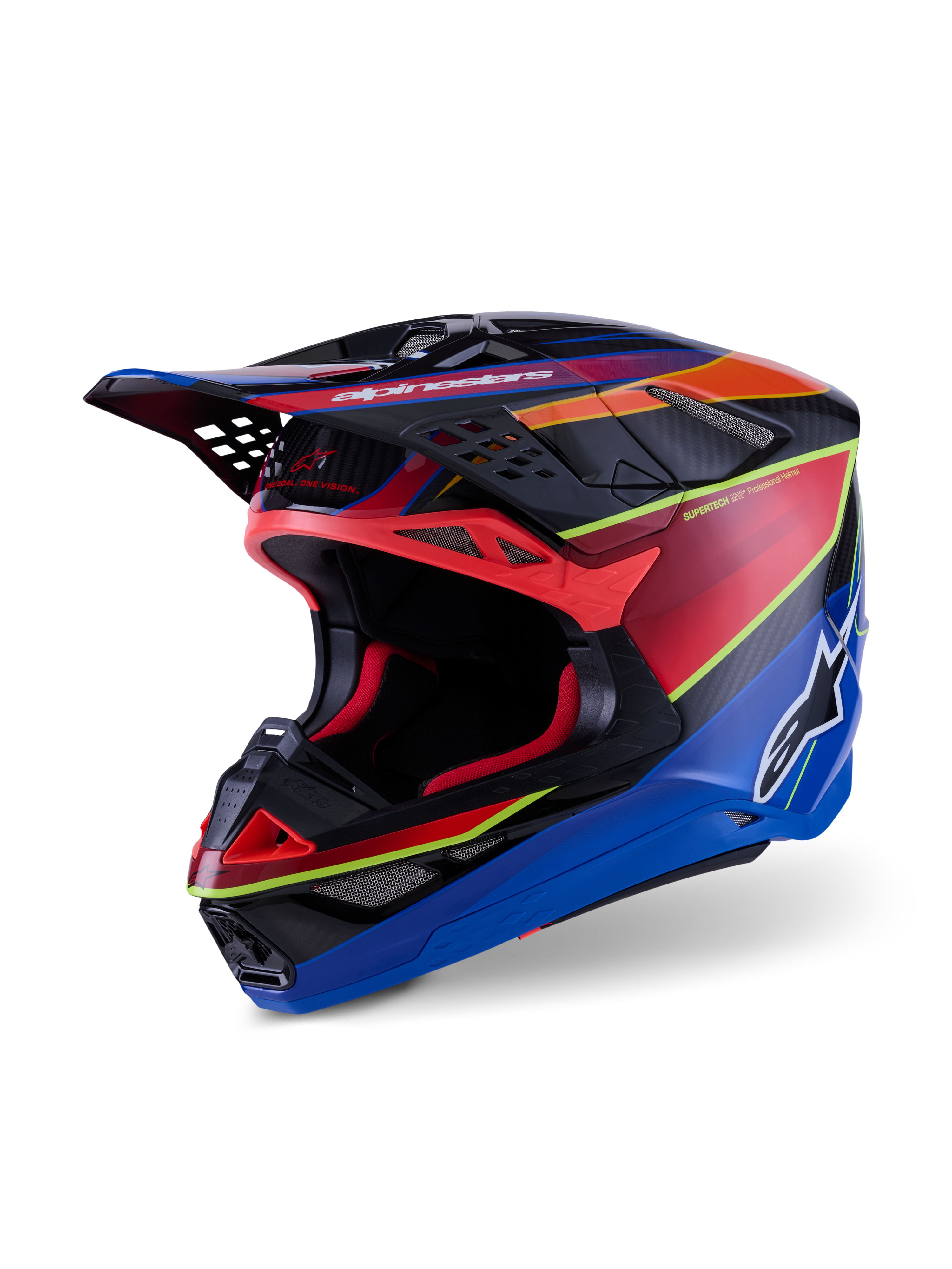 Alpinestars Supertech M10 Era-hjelm, motocrosshjelm, blå, rød og gul fluo blank, professionelt multi-komposit carbonskal-design med avancerede ventilationsporte og aerodynamisk visir til off-road racing.