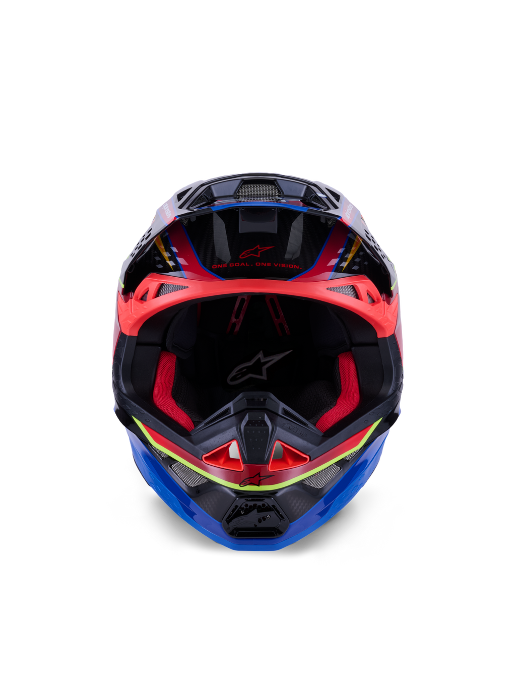Alpinestars Supertech M10 Era hjelm, motocrosshjelm, blå, rød og gul fluo blank, set forfra med rød indvendig polstring og aggressive ventilationsporte, blank 3K carbonskal med aerodynamisk design til off-road racing