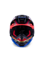 Alpinestars Supertech M10 Era hjelm, motocrosshjelm, blå, rød og gul fluo blank, set forfra med rød indvendig polstring og aggressive ventilationsporte, blank 3K carbonskal med aerodynamisk design til off-road racing