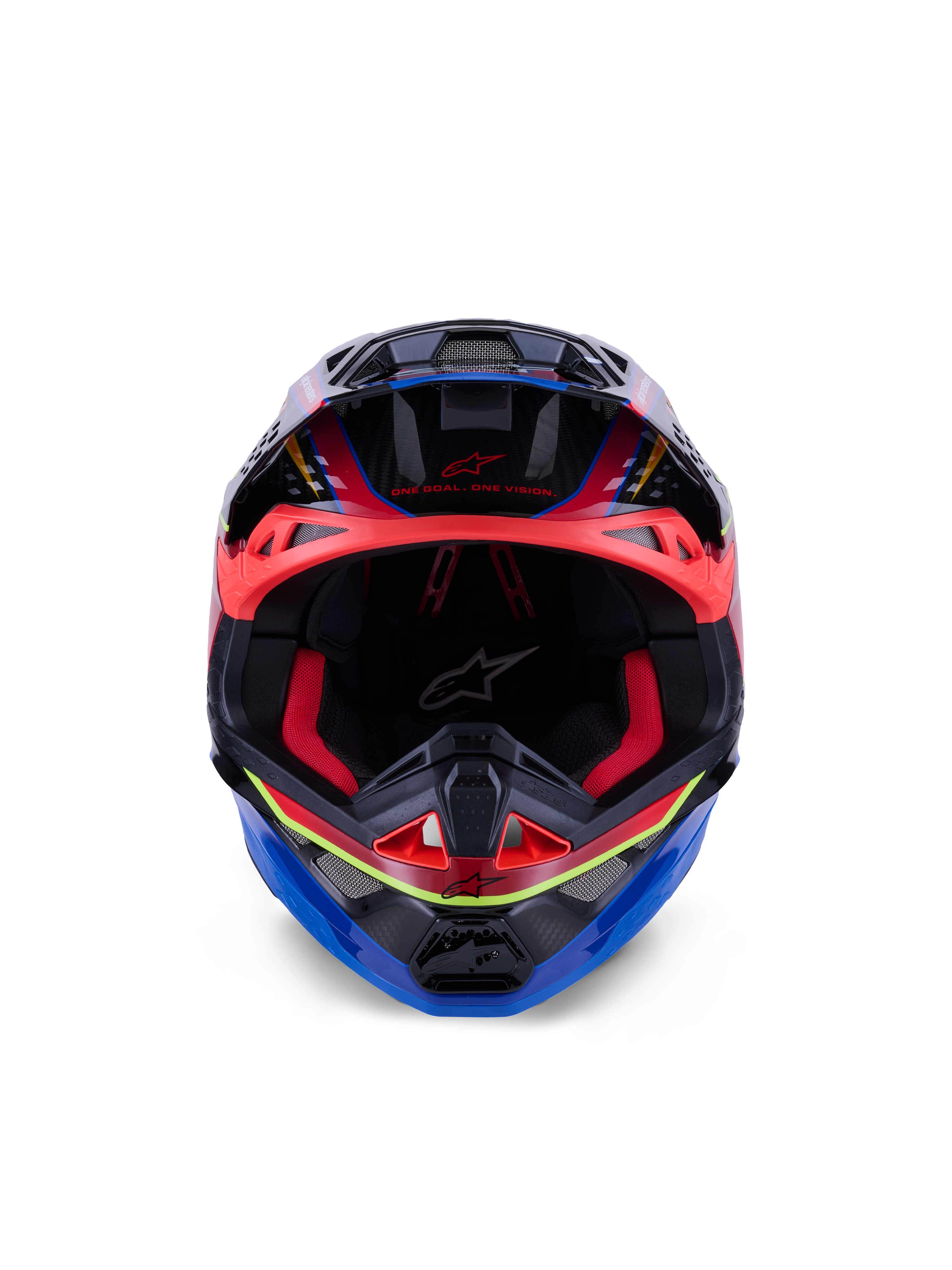 Alpinestars Supertech M10 Era hjelm, motocrosshjelm, blå, rød og gul fluo blank, set forfra med rød indvendig polstring og aggressive ventilationsporte, blank 3K carbonskal med aerodynamisk design til off-road racing