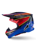Alpinestars Supertech M10 Era Hjelm, motocross-hjelm, blå rød og gul fluo blank, sideprofil med en aerodynamisk kulfiberskal, tydeligt Alpinestars-logo på siden og flere ventilationsåbninger, professionelt off-road racerudstyr