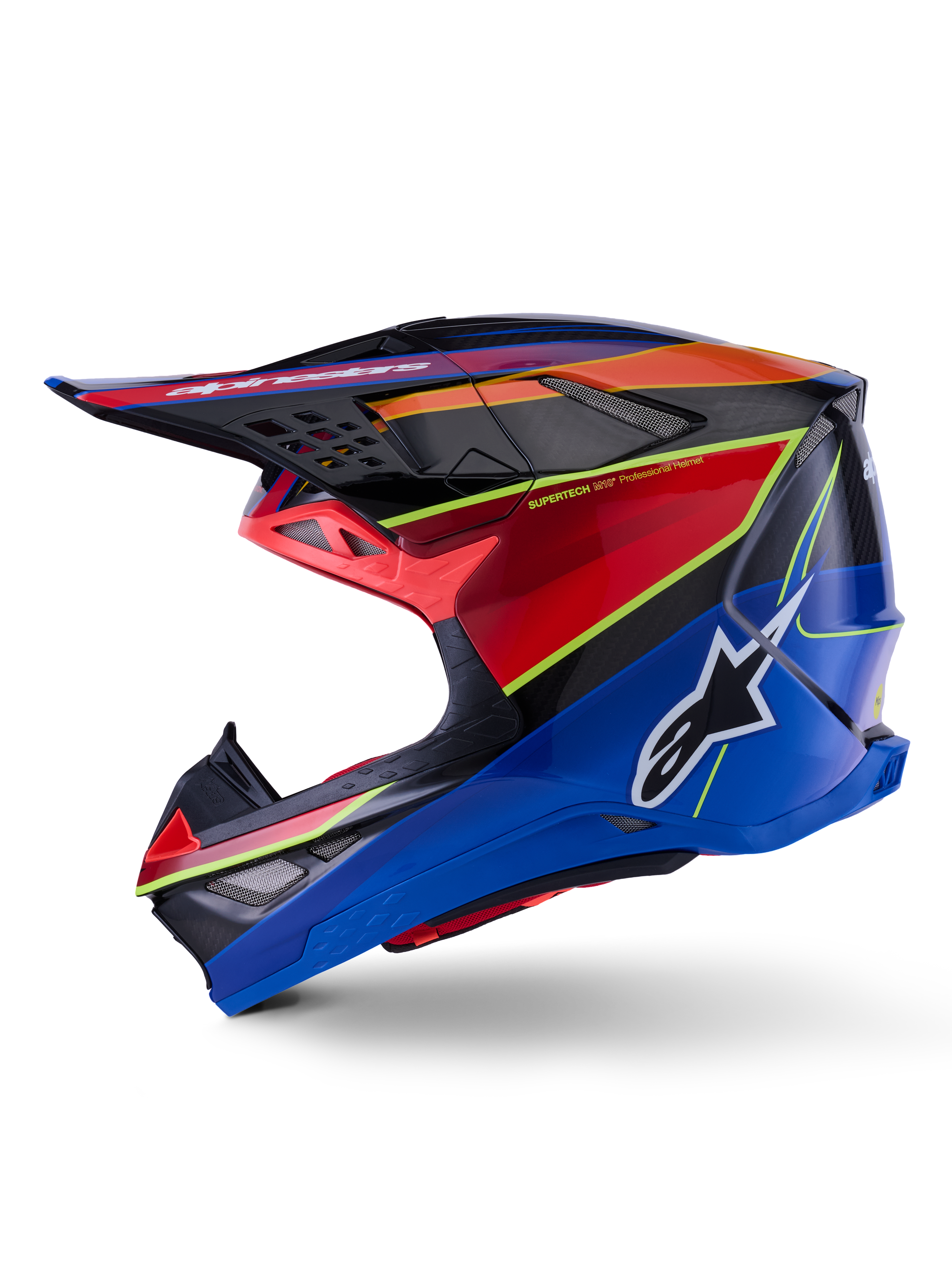 Alpinestars Supertech M10 Era Hjelm, motocross-hjelm, blå rød og gul fluo blank, sideprofil med en aerodynamisk kulfiberskal, tydeligt Alpinestars-logo på siden og flere ventilationsåbninger, professionelt off-road racerudstyr