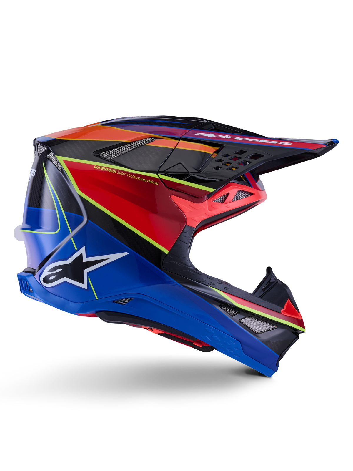 Alpinestars Supertech M10 Era Helmet, Motocross Helmet, Blue Red and Yellow Fluo Glossy, side profile view showing multi-composite carbon shell, white Alpinestars logo, aerodynamic design with multiple vents for off-road racing