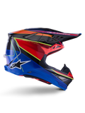 Alpinestars Supertech M10 Era hjelm, motocrosshjelm, blå, rød og gul fluo glossy, sideprofil der viser multi-komposit carbon-skal, hvidt Alpinestars-logo, aerodynamisk design med flere ventilationsåbninger til off-road racing