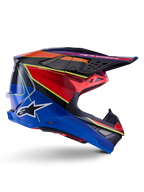 Alpinestars Supertech M10 Era hjelm, motocrosshjelm, blå, rød og gul fluo glossy, sideprofil der viser multi-komposit carbon-skal, hvidt Alpinestars-logo, aerodynamisk design med flere ventilationsåbninger til off-road racing