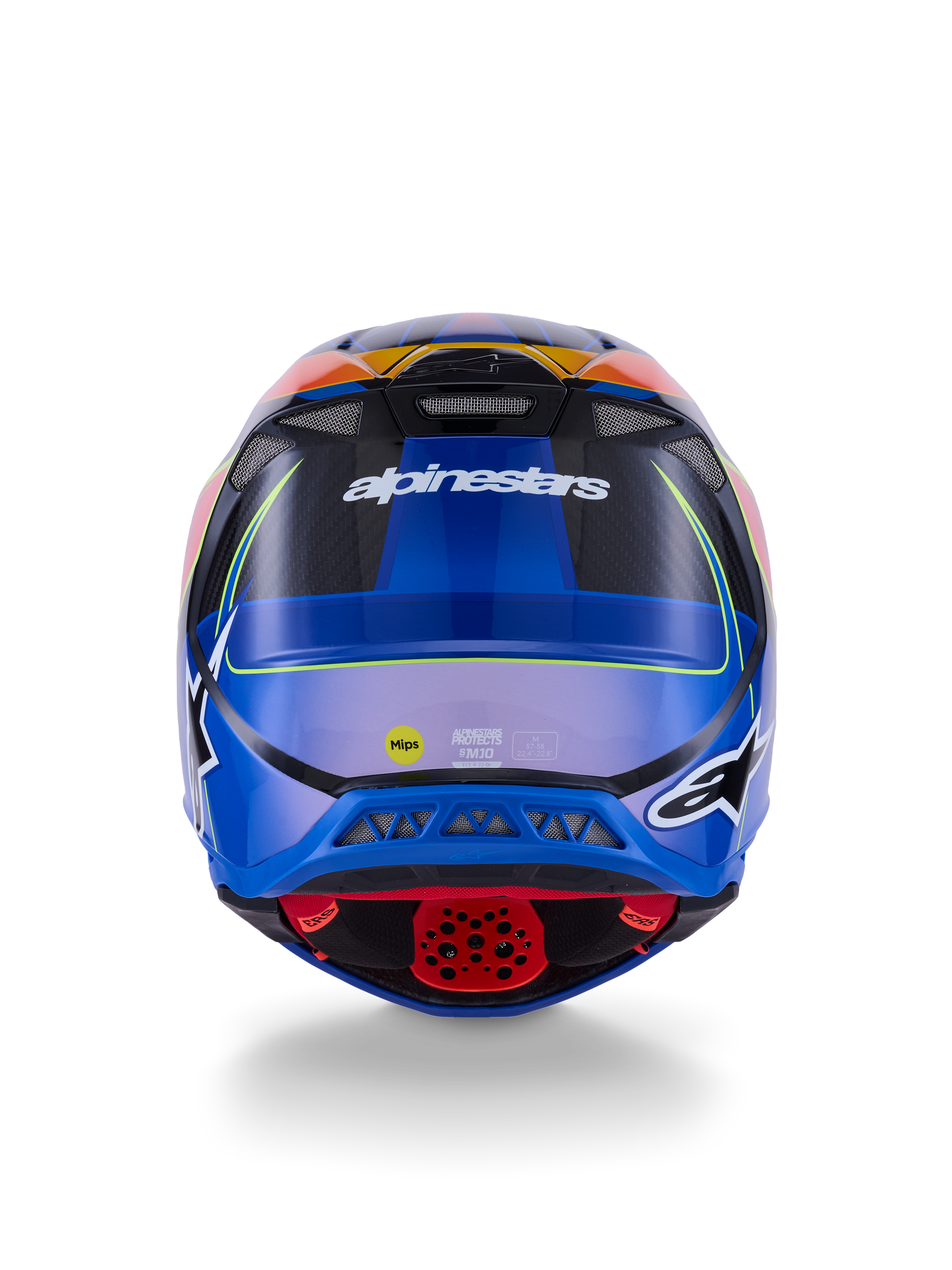 Alpinestars Supertech M10 Era hjelm, motocross-hjelm, set bagfra, blå, rød og gul fluo blank, med ventilationsåbninger, carbon-kompositskal, Alpinestars-branding og MIPS-sikkerhedsmærkat, avanceret off-road-beskyttelse