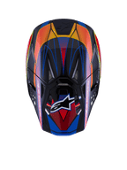Alpinestars Supertech M10 Era hjelm, set ovenfra, blå, rød og fluo gul blank finish, kulfiberskal, flere luftindtag med mesh, Alpinestars-logo på visiret, avanceret motocross-beskyttelsesudstyr