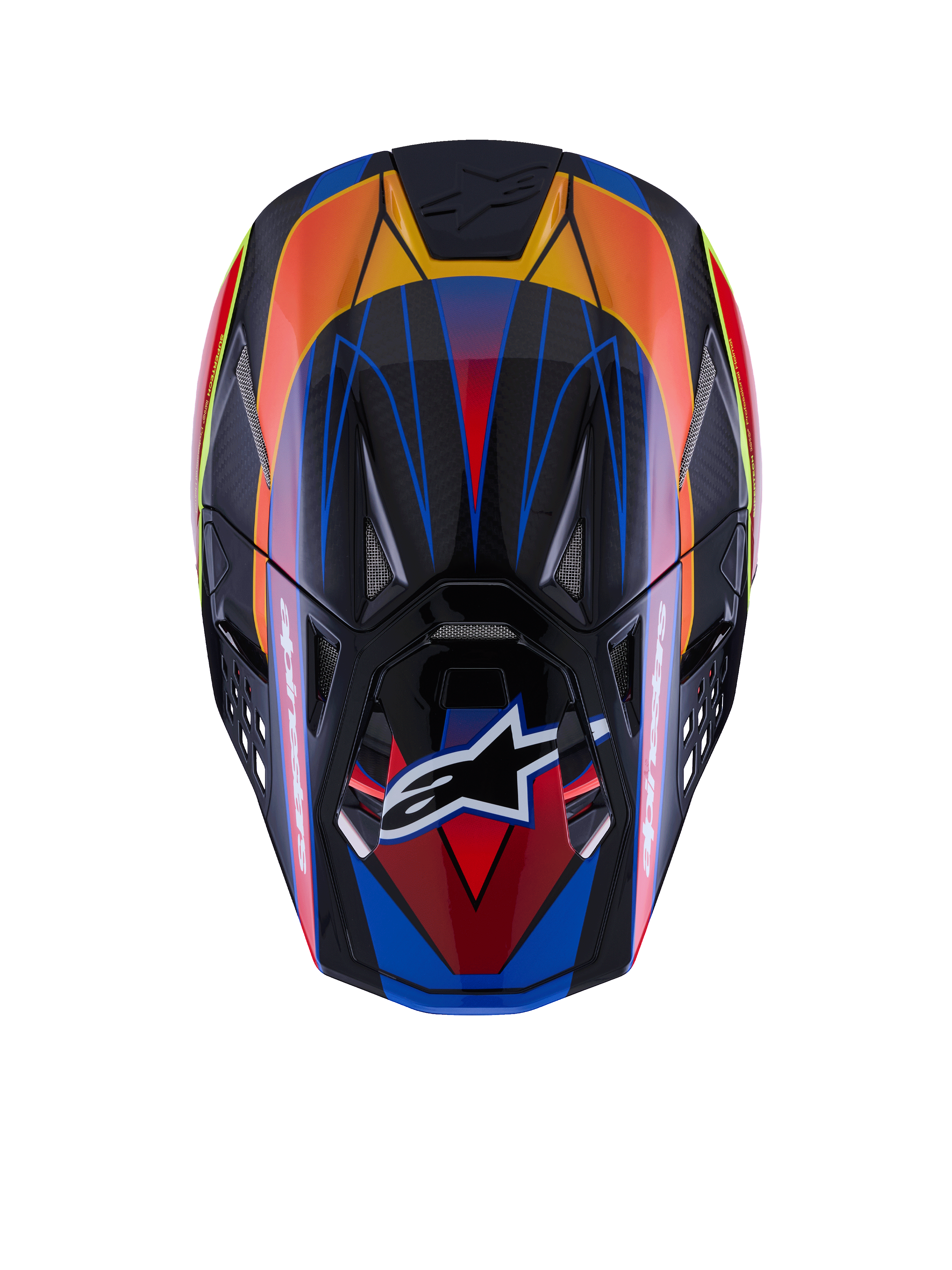 Alpinestars Supertech M10 Era hjelm, set ovenfra, blå, rød og fluo gul blank finish, kulfiberskal, flere luftindtag med mesh, Alpinestars-logo på visiret, avanceret motocross-beskyttelsesudstyr