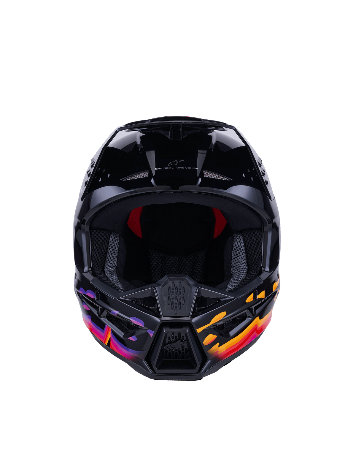 Alpinestars S-M3 Force OCD-hjelm, motocross-hjelm, blank sort med livlig lilla, orange og rød grafik, set forfra med bred åbning og ventileret hagebeskytter, med 'One Goal - One Vision' branding, professionelt off-road racerudstyr