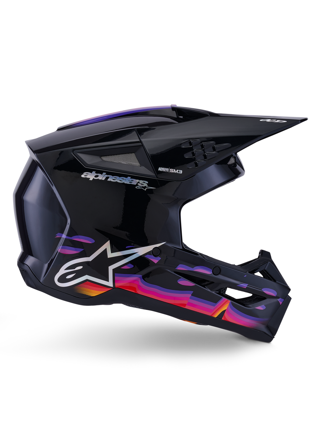 Alpinestars S-M3 Force OCD Helmet, Motocross Helmet, Black Glossy with vibrant purple, pink, and orange graphic patterns, side profile view, featuring silver Alpinestars logo and SM3 branding, designed for off-road performance