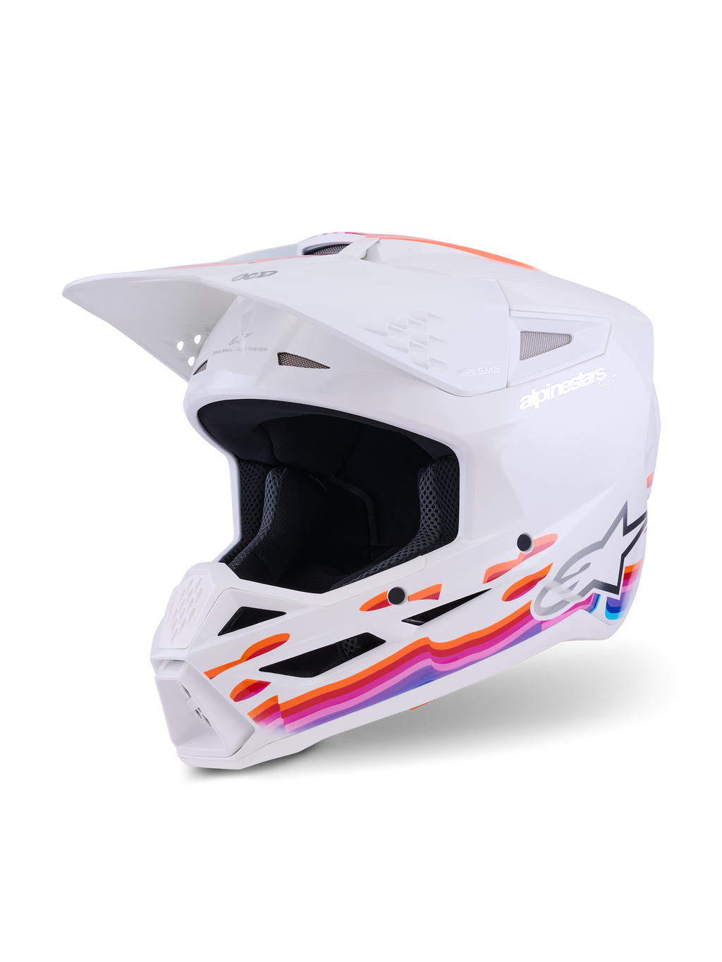 Alpinestars S-M3 Force OCD hjelm, motocross-hjelm, blank hvid med livlige orange, lyserøde og blå bølgegrafikker, hvidt visir og Alpinestars-logo, professionel hovedbeskyttelse til off-road