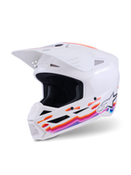 Alpinestars S-M3 Force OCD hjelm, motocross-hjelm, blank hvid med livlige orange, lyserøde og blå bølgegrafikker, hvidt visir og Alpinestars-logo, professionel hovedbeskyttelse til off-road
