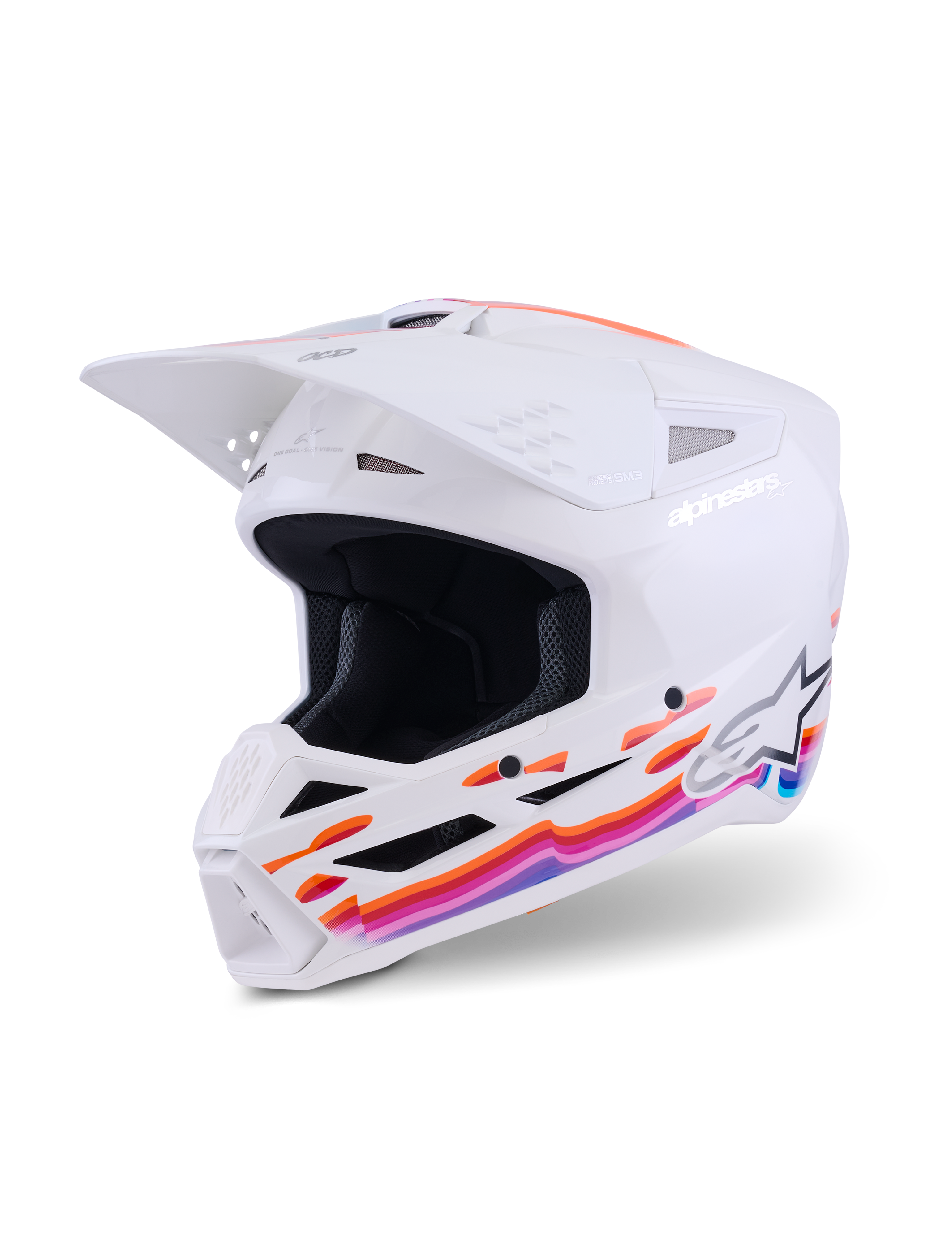 Alpinestars S-M3 Force OCD hjelm, motocross-hjelm, blank hvid med livlige orange, lyserøde og blå bølgegrafikker, hvidt visir og Alpinestars-logo, professionel hovedbeskyttelse til off-road