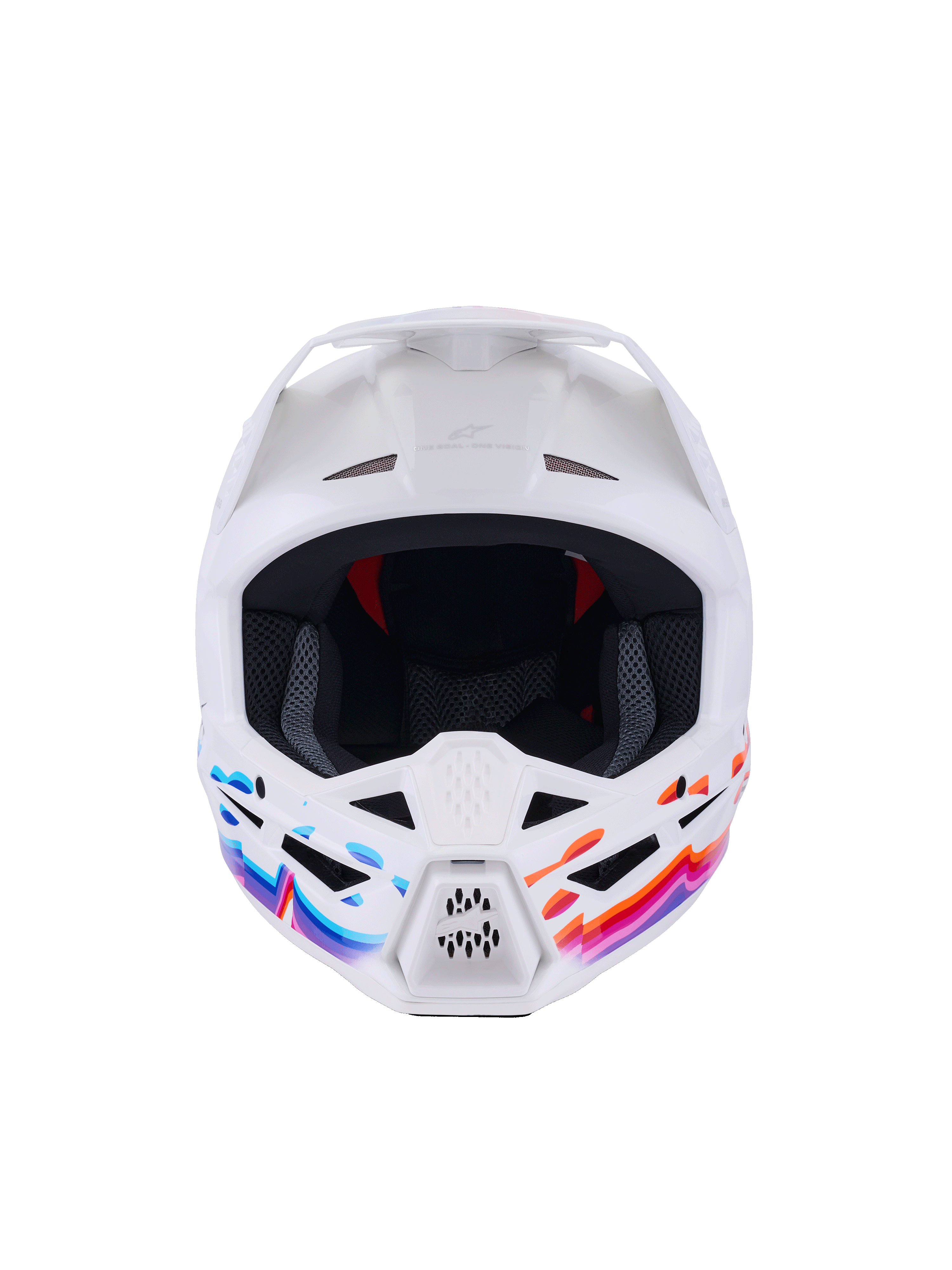 Alpinestars S-M3 Force OCD hjelm, motocross-hjelm, hvid blank med livlig blå, pink og orange bølgegrafik, set forfra med ventilationsåbninger og hvidt visir, professionel hovedbeskyttelse til off-road kørsel