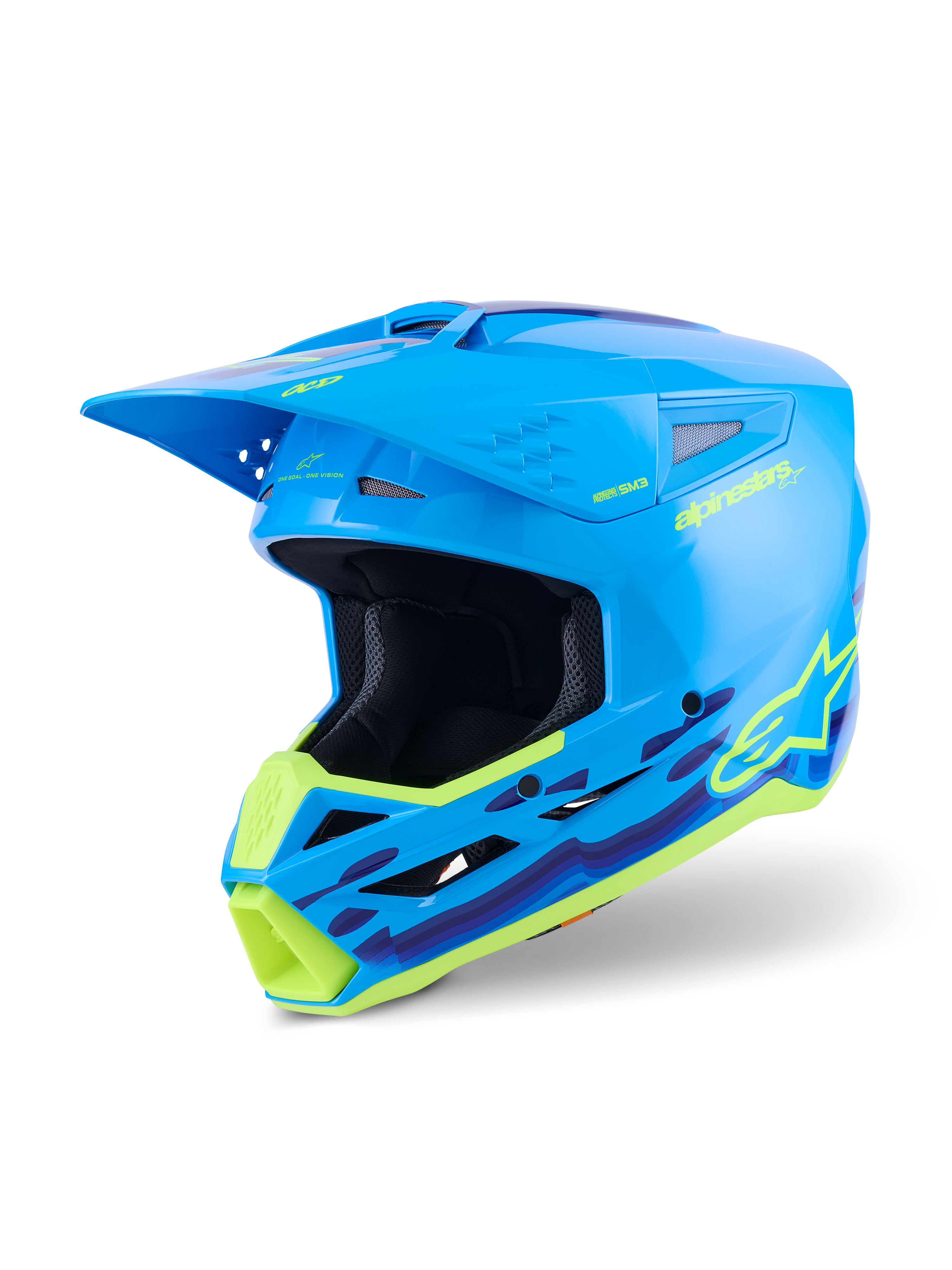 Alpinestars S-M3 Force OCD Helmet, Motocross Helmet, Cyan Glossy with neon yellow and purple wavy graphics, high-gloss finish with prominent Alpinestars logo, designed for off-road impact protection and ventilation