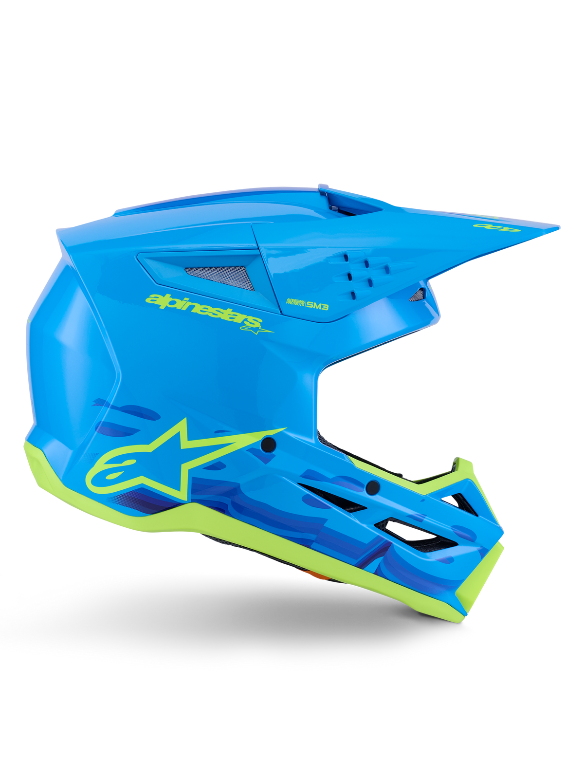 Alpinestars S-M3 Force OCD Helmet, Motocross Off-Road Helmet, Cyan Glossy with Neon Yellow details, ECE 22.06 Certified, aerodynamic shell with ventilation slits, pointed visor, and star logo graphics