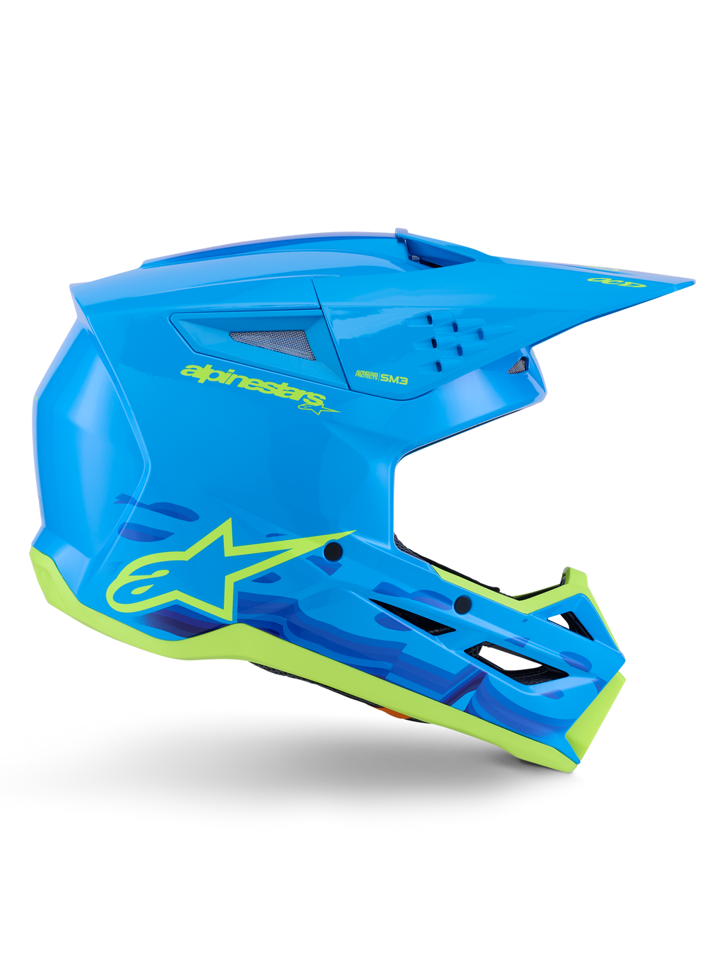 Alpinestars S-M3 Force OCD Helmet, Motocross Off-Road Helmet, Cyan Glossy with Neon Yellow details, ECE 22.06 Certified, aerodynamic shell with ventilation slits, pointed visor, and star logo graphics