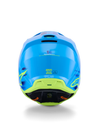 Alpinestars S-M3 Force OCD Helmet, Motocross Helmet, Cyan Glossy with lime green and yellow accents, rear view highlighting the aerodynamic shell construction, exhaust ventilation ports, and ECE 22.06 safety markings.